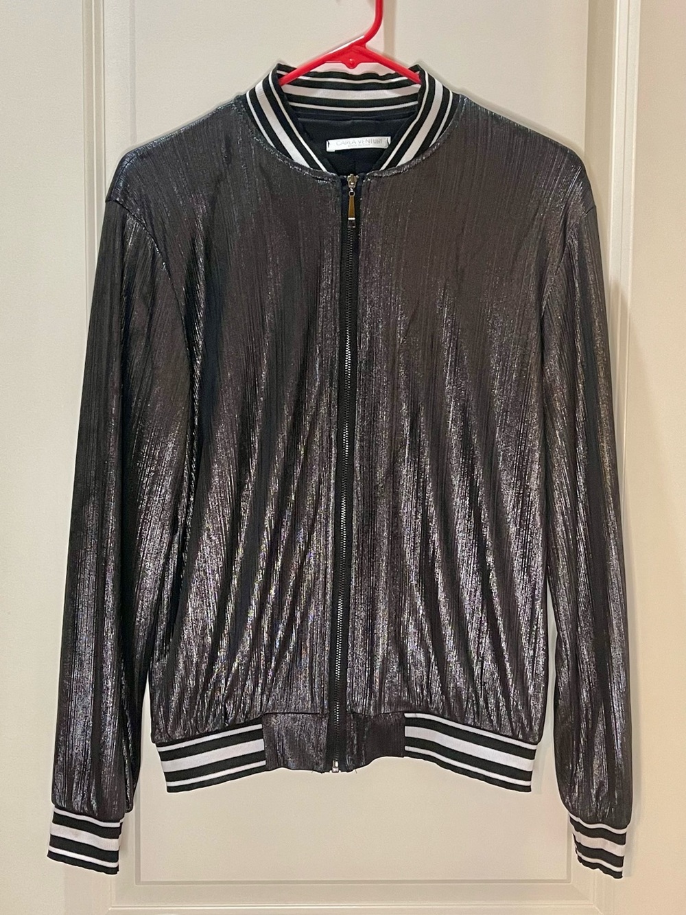 Carla Venturi Italy Metallic Black Bomber Jacket Full Zip M